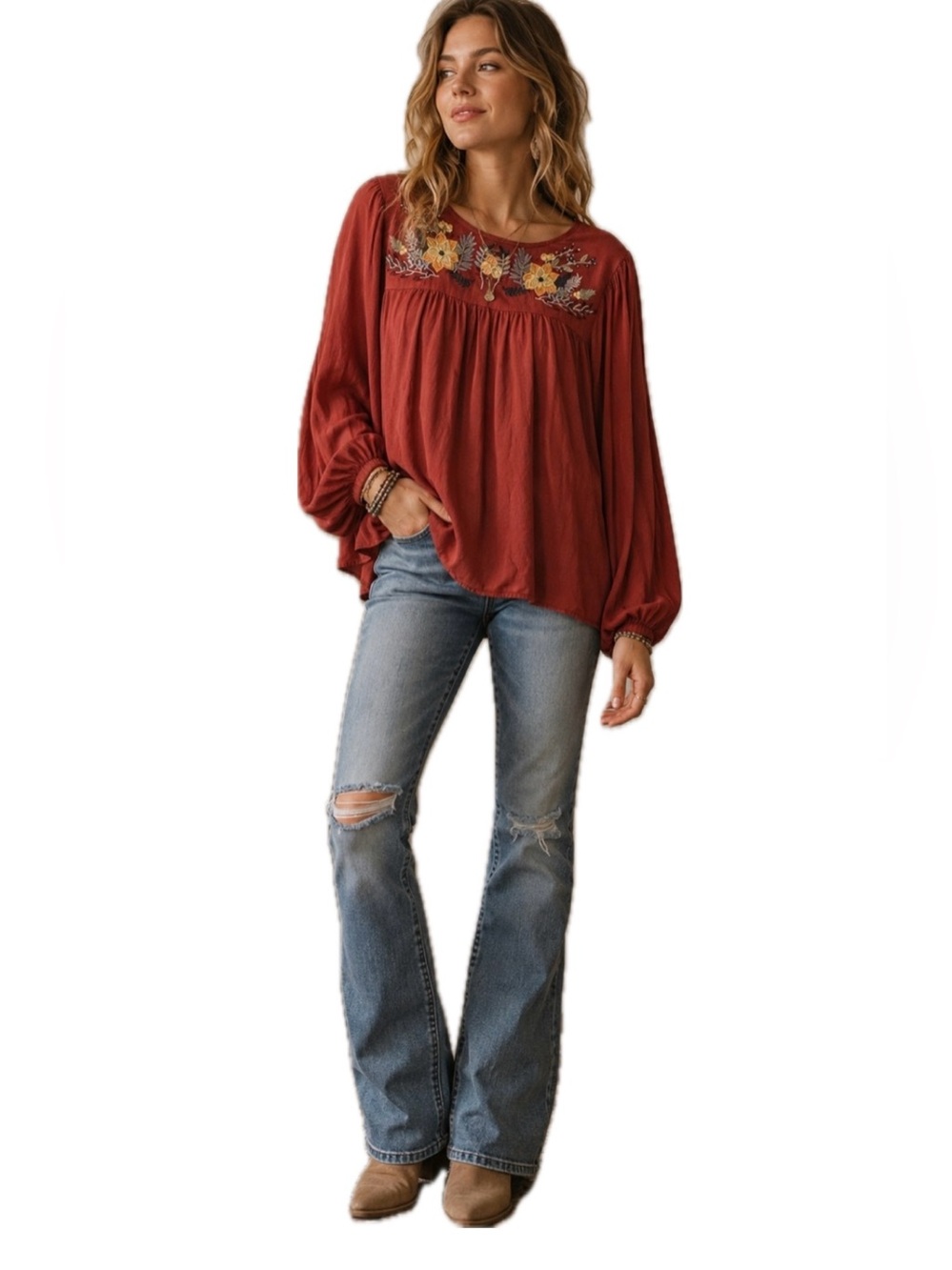 Jodifl Embroidered Western Boho Peasant Blouse SM Rust Floral Rayon Top